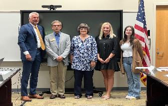 CVCC President Garrett Hinshaw stands with new/returning appointees—Russ Perkins, Sherry Butler, Kimberly Wallace, and Emely Tiscareno.