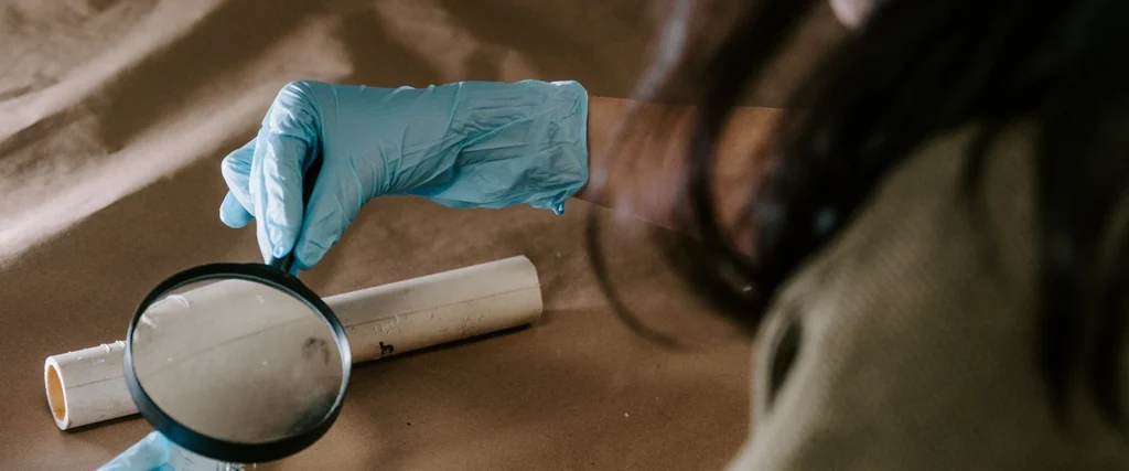 A person wearing blue latex gloves carefully inspects a white PVC pipe using a magnifying glass. The investigator's dark hair and part of their olive-green clothing are visible in the foreground, while the pipe rests on a brown paper-covered surface, suggesting an evidence examination setting. The dim lighting and close-up perspective emphasize the meticulous nature of forensic analysis.