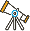 Line graphic of a grey telescope with yellow and blue details