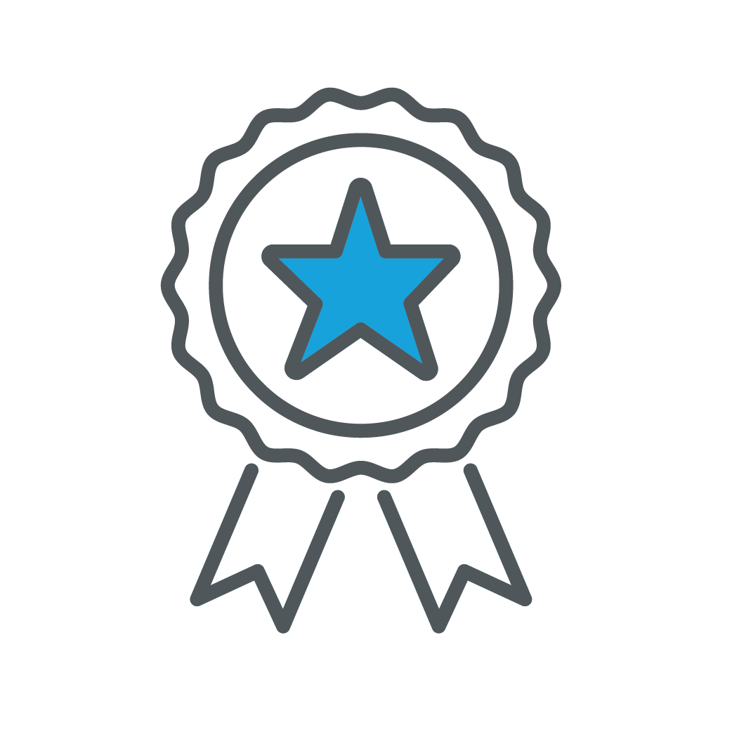 Graphic of a ribbon badge with a blue star in the center, representing achievement, excellence, or award recognition.