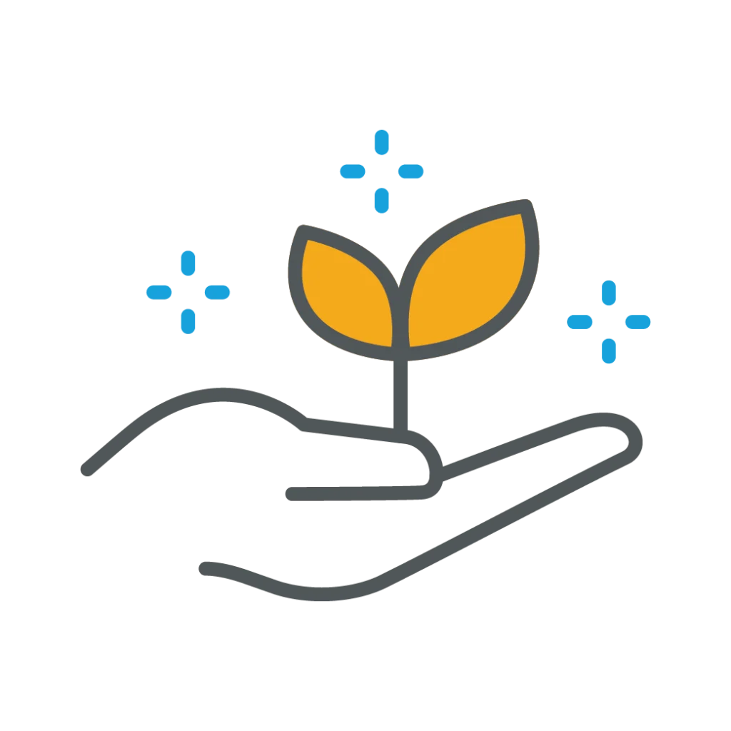 Graphic of a hand holding a small yellow sprout with two leaves, surrounded by four blue sparkle icons, symbolizing growth and nurturing.