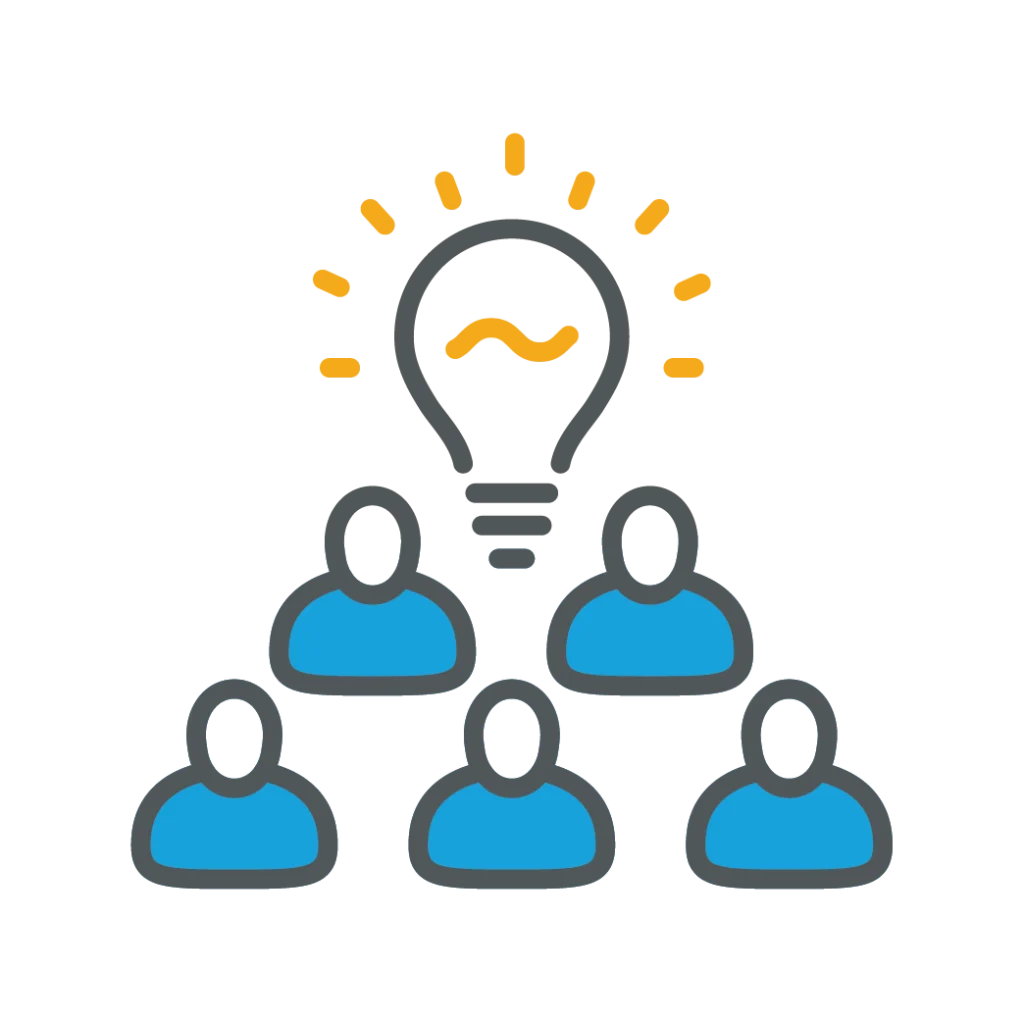 Graphic of five blue-outlined people arranged in a semi-circle below a large light bulb with yellow rays, symbolizing group collaboration and shared ideas.
