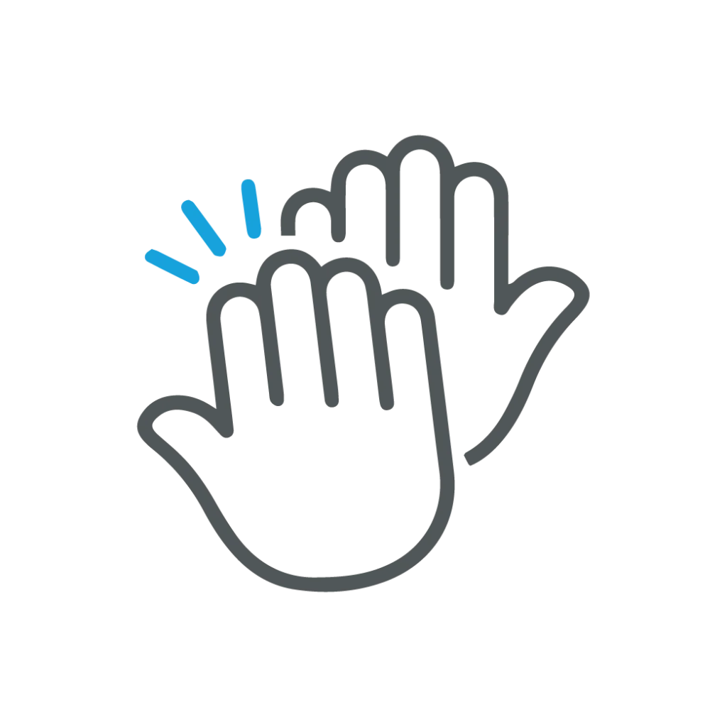 Graphic of two outlined hands giving a high-five, with three blue motion lines above one hand indicating movement or celebration.