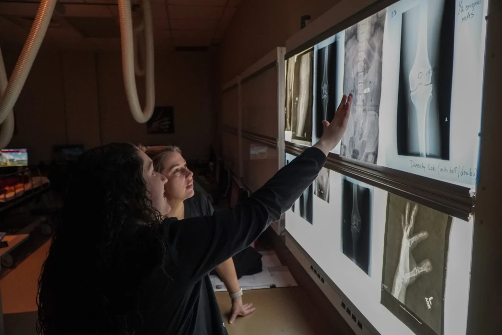 Two students examine a series of X-ray images illuminated on a light board in a dimly lit radiography classroom. One student points at an image while explaining.