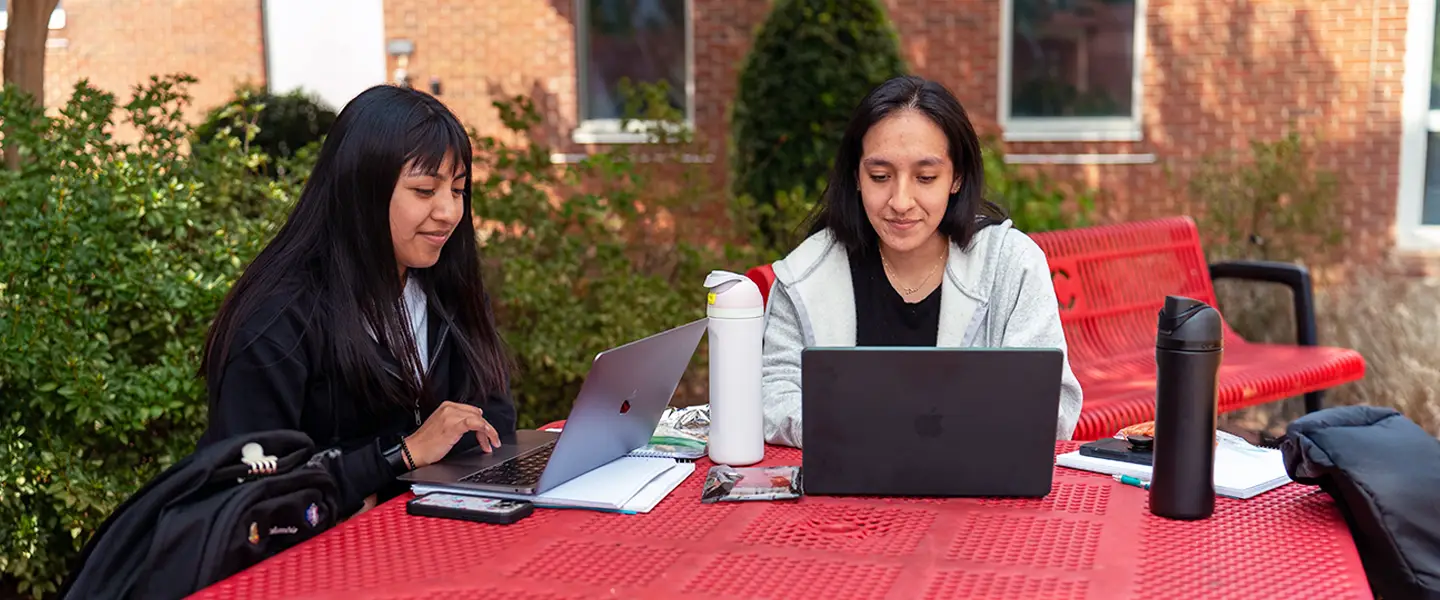 Two students working together on laptops at a red metal bench.