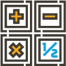Graphic of four squares with a square in each of them and a symbol in that square. Symbols: Top left - Plus sign; Top Right - Minus sign; Bottom left - multiplication sign; Botton Right - 1/2