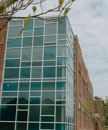 Exterior view of a modern brick building with large glass windows arranged in a grid pattern. The structure is part of the Catawba Valley Community College campus. Leafy tree branches frame the image in the foreground, and the sky above is lightly overcast.