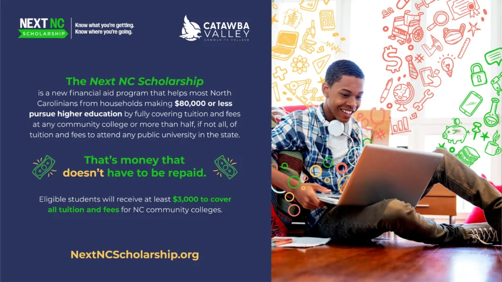 A promotional graphic for the Next NC Scholarship from Catawba Valley Community College. On the left side, it explains that the scholarship is for North Carolinians from households earning $80,000 or less, offering full tuition at community colleges and significant aid for public universities. It emphasizes that the money does not need to be repaid and that eligible students will receive at least $3,000. The website "NextNCScholarship.org" is listed. On the right side, a smiling student sits on the floor using a laptop, surrounded by colorful education-themed doodles like books, calculators, test tubes, and dollar signs.