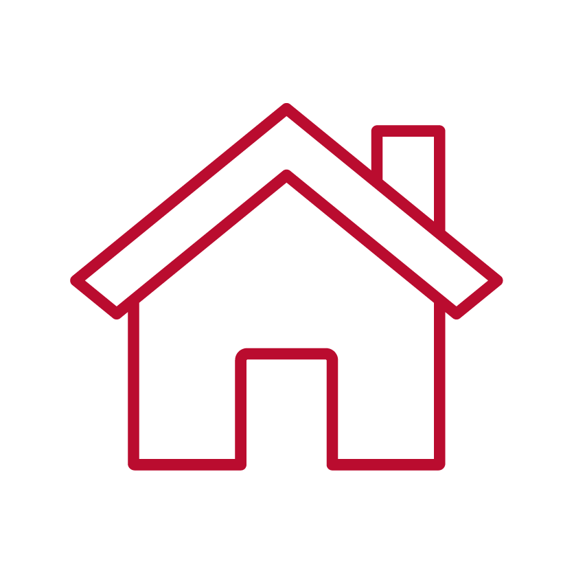 A red outline of a house icon with a chimney on a black background. The design is simple and minimalistic, intended for use as a website or interface icon.