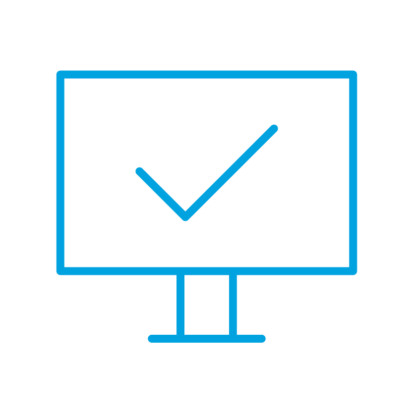 Minimalist blue icon of a computer monitor displaying a check mark on the screen, symbolizing successful completion, verification, or digital approval. The image is set against a black background.