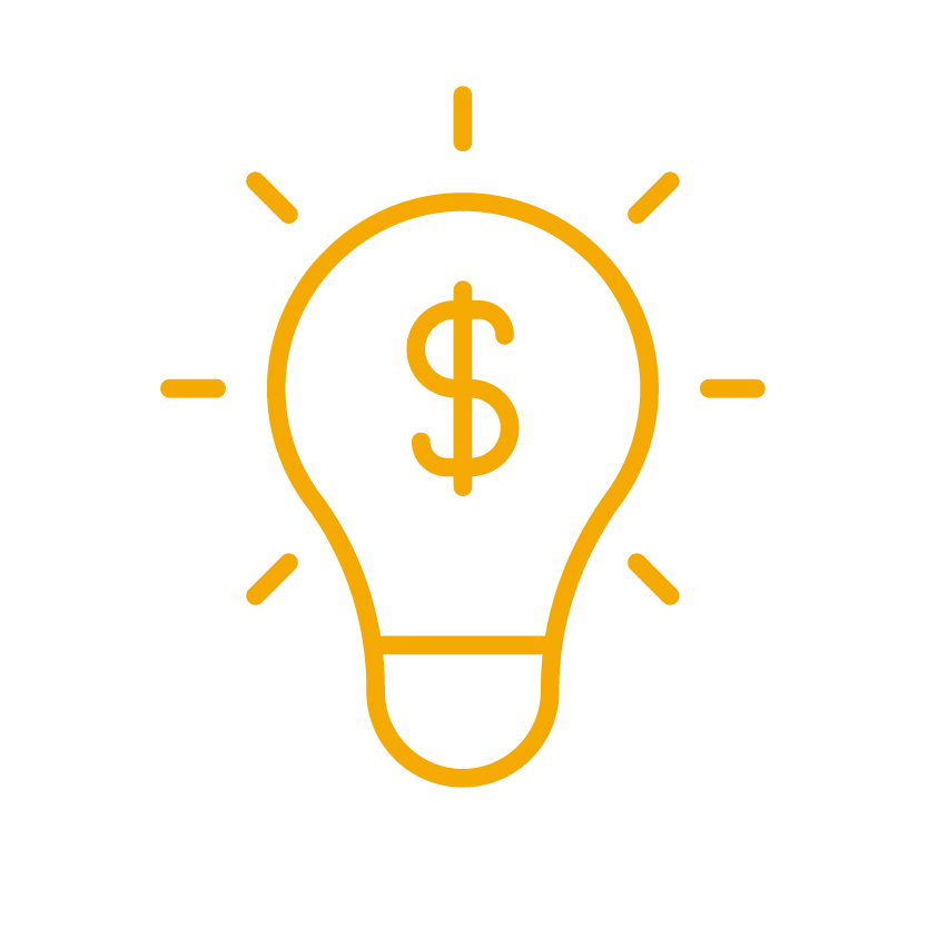 Stylized orange icon of a light bulb with a dollar sign ($) inside it, representing a financial idea or cost-saving concept. The light bulb is surrounded by short lines suggesting illumination, all set against a black background.