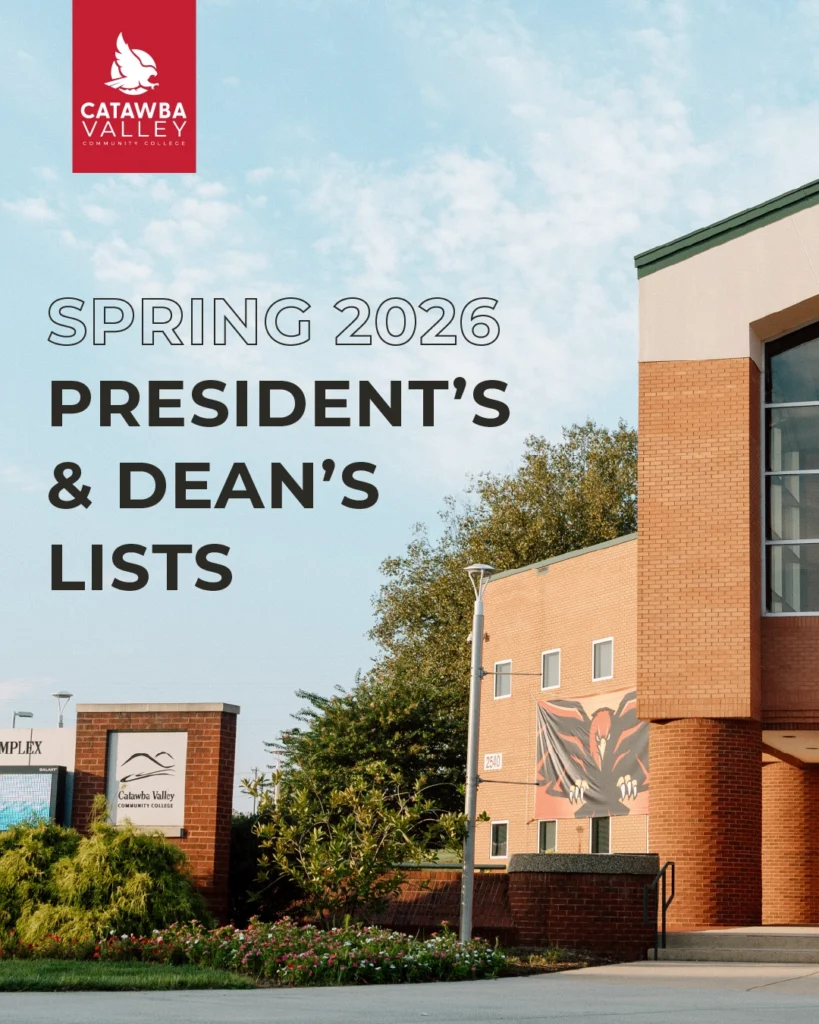 Exterior view of CVCC’s Tarlton Complex with brick architecture, campus signage, and landscaping under a blue sky, overlaid with text reading “Spring 2026 President’s & Dean’s Lists.”